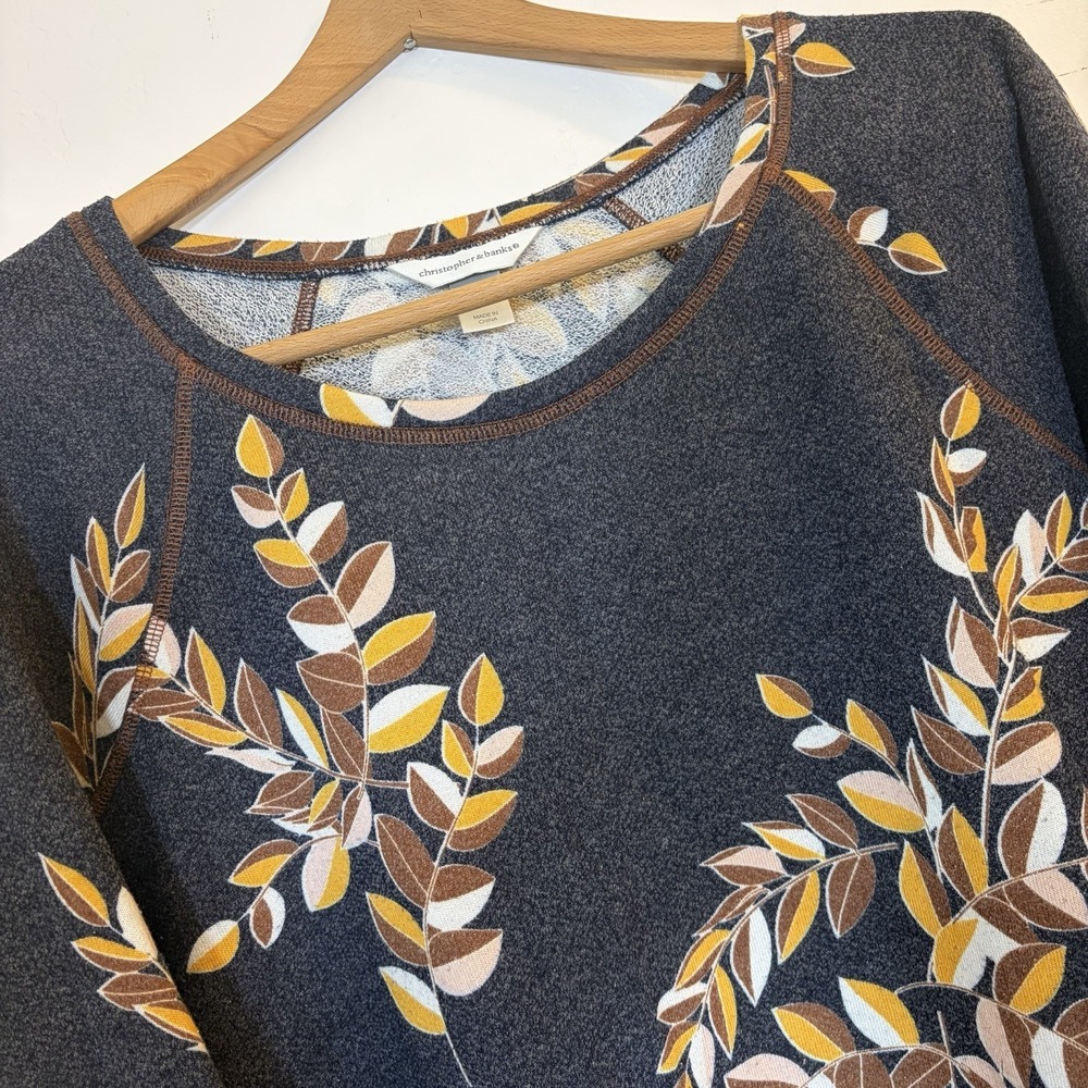 Christopher And Banks Gold Floral Live In It Top‎ Size L Gray/blue Leaf Bohemian